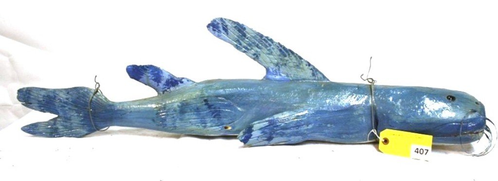 ISAAC SMITH FOLK ART: FOLK ART CARVED CATFISH BY ISAAC SMITH, 38'' LONG