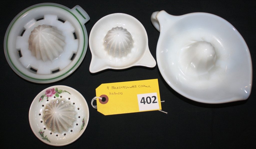 REAMERS: 4 MILK GLASS & WHITE CERAMIC REAMERS