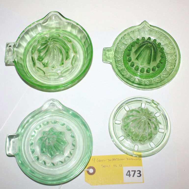 REAMERS: 4 GREEN DEPRESSION GLASS REAMERS - SOME AS IS