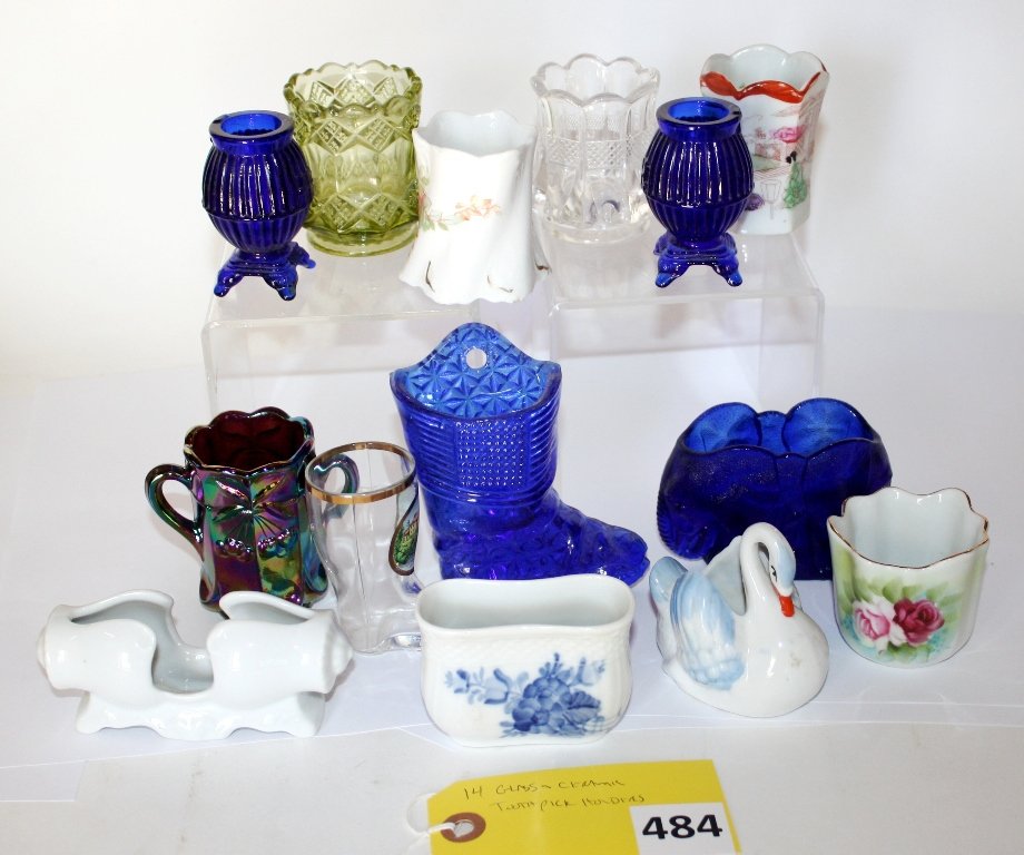 TOOTHPICK HOLDERS: 14 GLASS & CERAMIC TOOTHPICK HOLDERS