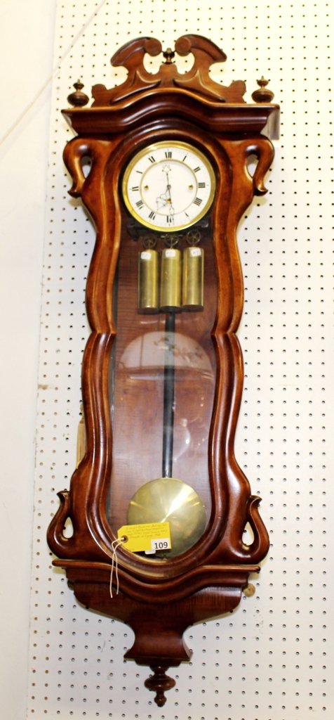 BEIDERMIER CLOCK: 3 WEIGHT BIEDERMIER AUSTRIAN CLOCK, CASE IS LIGHT BIRCHWOOD SERPENTINE STYLE, STRIKES ''GRAND SONNERIE'' EVERY 15 MINUTES ON 2 GONGS, 1860