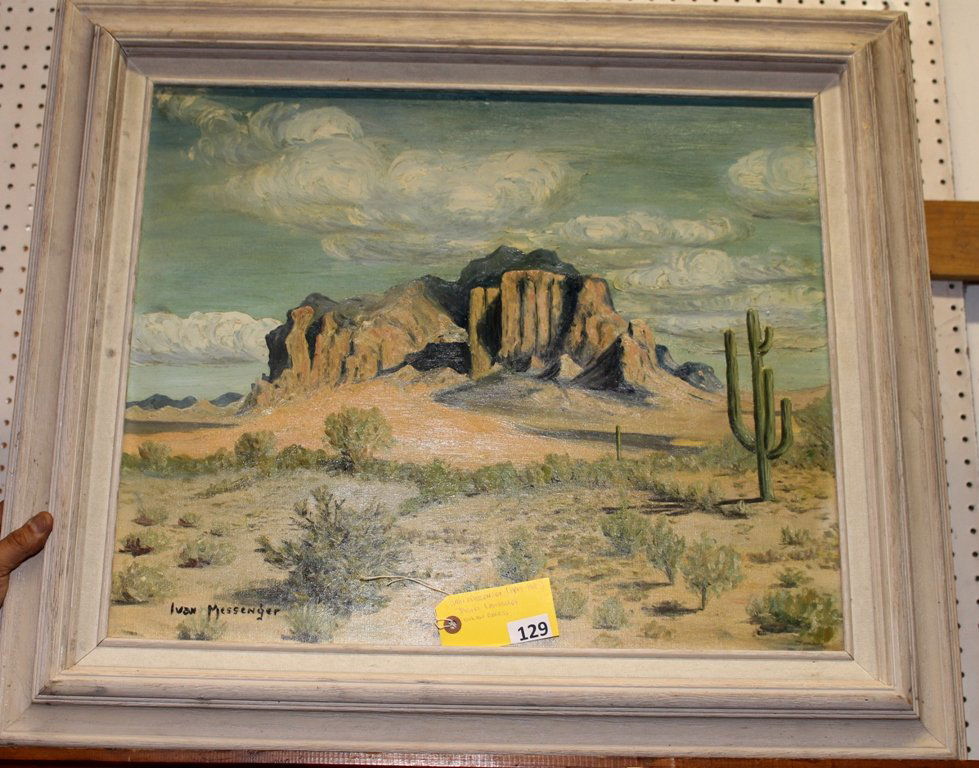 IVAN MESSENGER PAINTING: IVAN MESSENGER (1895-1983) DESERT LANDSCAPE OIL ON BOARD GOOD CONDITION