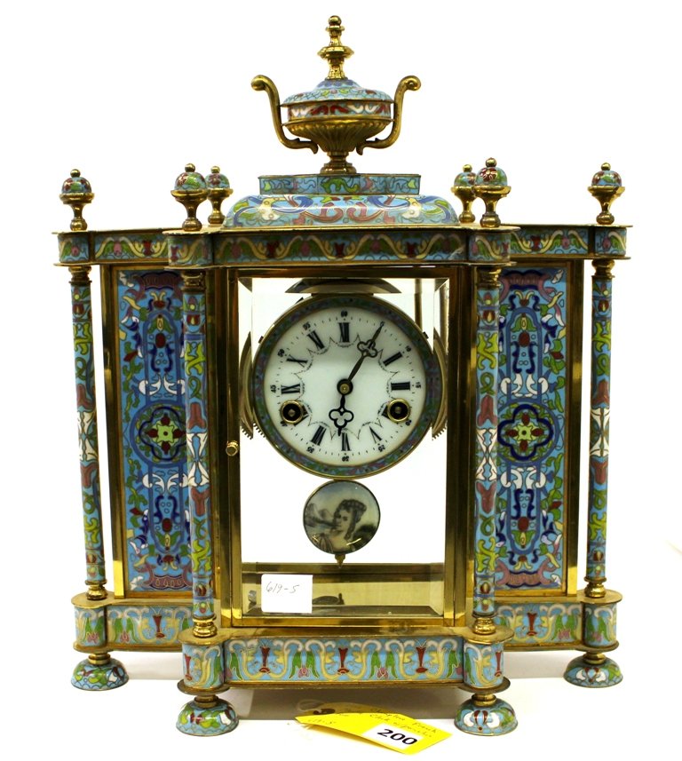 CHAMPLEVE MANTLE CLOCK: FINE CHAMPLEVE FRANCH MANTLE CLOCK W/ PORCELAIN FACE