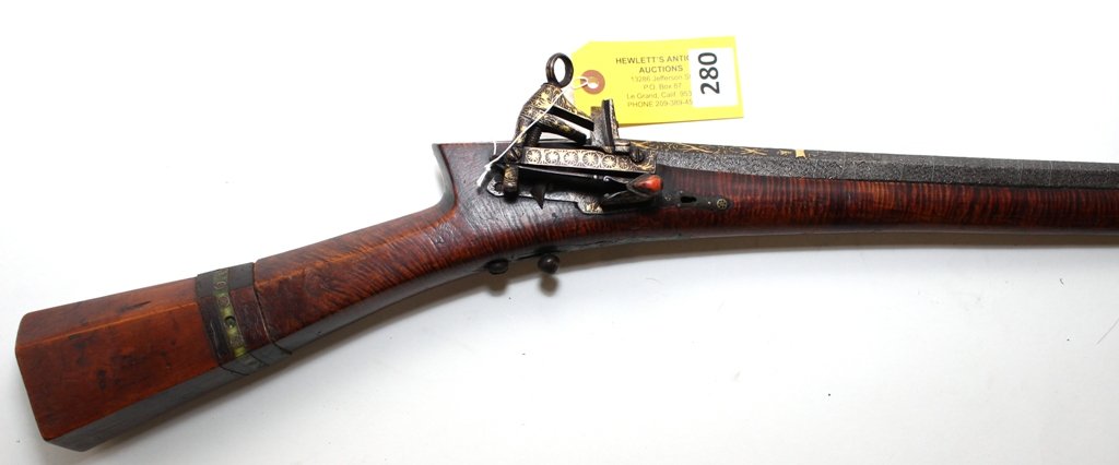 OTTOMAN SISANA CARBINE: OTTOMAN SISANA CARBINE FANCY DAMASCUS BARREL - GOLD DECORATED - BURL WOOD GOOD CONDITION FOR AGE EARLY 1800'S
