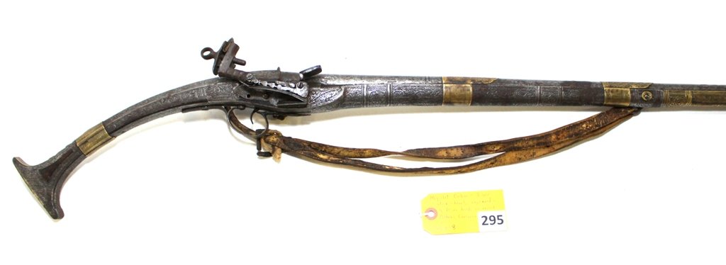 MIQUELET CARBINE: MIQUELET CARBINE - SILVER STOCK - HEAVILY ENGRAVED - 4 BRASS BANDS ON BARREL ALBANIA CAUCASUS