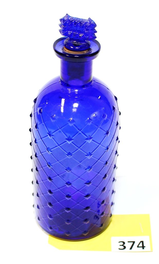 POISON BOTTLE: LATTICE & DIAMOND COBALT BLUE POISON BOTTLE WITH STOPPER 7''