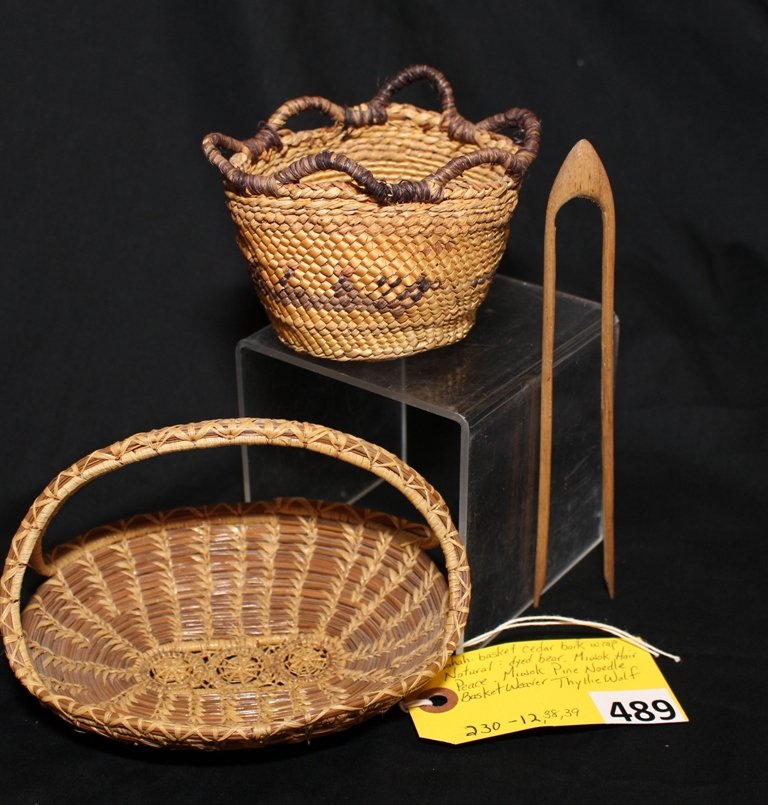 INDIAN BASKETS & POTTERY: LOT - MAHAH BASKET CEDAR BARK WRAP NATURAL & DYED BEAR, MIWOK HAIR PIECE, MIWOK PINE NEEDLE BASKET WEAVER THYLLIE WOLF