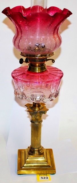 BANQUET LAMP WITH CRANBERRY FOUNT & SHADE: BRASS BANQUET LAMP WITH CRANBERRY FOUNT AND SHADE - 22 1/4'' TALL - GOOD CONDITION