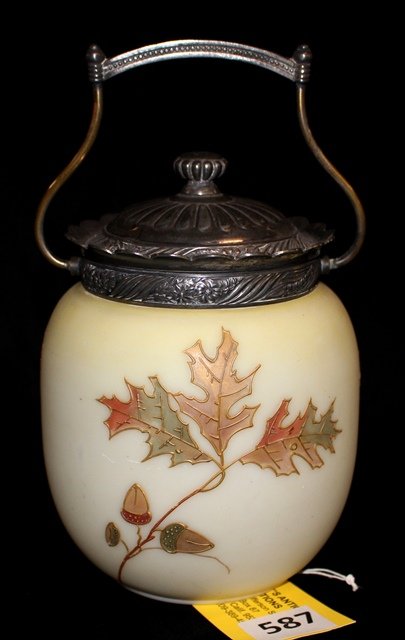 PAIRPOINT BISCUIT JAR: PAIRPOINT BISCUIT JAR. FROSTED BASE WITH ENAMELED ACORNS & LEAVES. TOTAL HEIGHT 9''. GOOD CONDITION