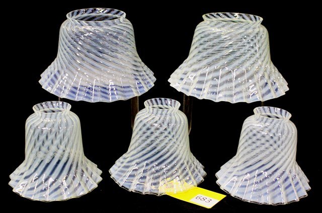 OPALESCENT GAS SHADES: SET OF 5 WHITE OPALESCENT SWIRL GAS SHADES (3) 2'' (2) 4'', ALL GOOD CONDTION .PERFECT MATCH - EVERYTHING IS THE SAME HEIGHT 4 7/8". A FEW MINOR NICKS ALONG TOP WHERE IT HOOKS UP TO BURNER.