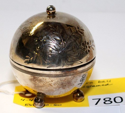 VICTORIAN YARN BALL HOLDER: VICTORIAN SILVER PLATE YARN BALL HOLDER, MONOGRAMED