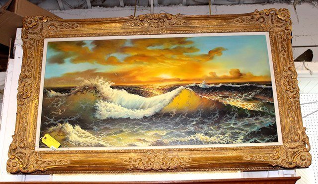 S. WATTS OIL PAINTING: LARGE OIL PAINTING ON CANVAS BY S. WATT'S, SUNSET SEASCAPE, GOOD CONDITION SIGNED IN LOWER LEFT CORNER, MEASURES 24'' X 48''
