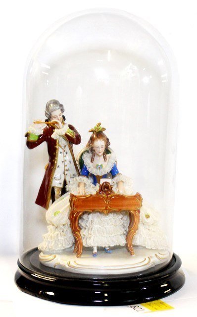 DRESDEN PORCELAIN: GERMAN DRESDEN PORCELAIN LACE FIGURINES WITH PIANO & FLUTE IN GLASS DOME AND STAND, 15'' TALL, GOOD CONDITION, EXCELLENT LACE IS PERFECT, NO CHIPS OR CRACKS