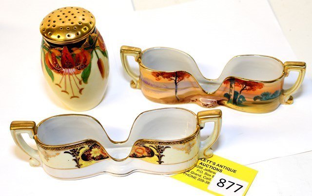 HAND PAINTED CHINA: LOTTED HAND PAINTED CHINA; NIPPON & NORITAKE SPOON REST - UNMARKED SUGAR SHAKER, ALL GOOD CONDITION