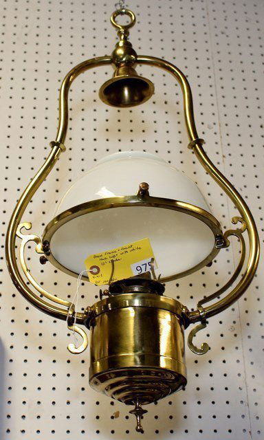 HALL LIGHT: BRASS FRAME & FOUNT HALL LIGHT WITH WHITE 10'' SHADE