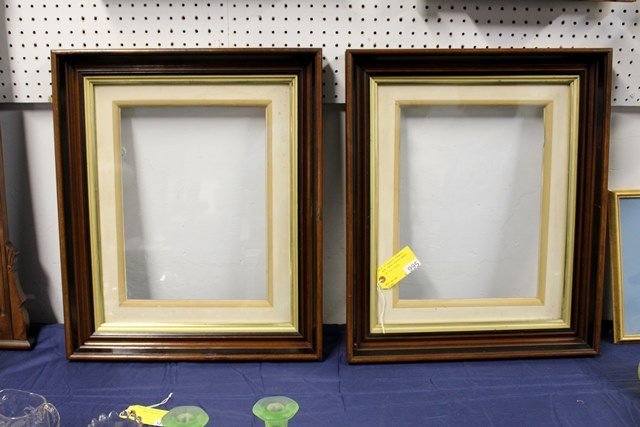 WALNUT FRAMES: PAIR OF WALNUT FRAMES WITH LEMON INSERTS & GLASS, 21'' X 25'' EACH