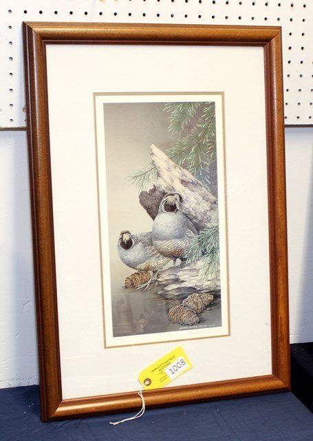 SHERRIE RUSSELL MELINE LIMITED ED. PRINT: SHERRIE RUSSELL MELINE 1991 C. ''CALIFORNIA VALLEY QUAIL-WOODEN HIDEWAY'' SIGNED & NUMBER LIMITED EDITION 321/650 PRINT, GOOD CONDITION