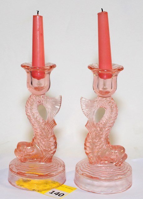 IMPERIAL GLASS: IMPERIAL GLASS DOLPHIN CANDLEHOLDERS, PINK STANDING 7 7/8'' TALL