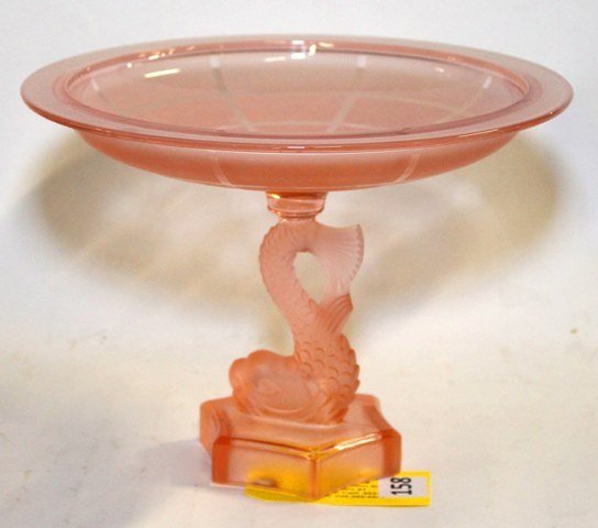 PINK DEPRESSION COMPOTE: PINK DEPRESSION GLASS COMPOTE WITH DOLPHIN, STANDING 8'' TALL & 11'' DIAMETER