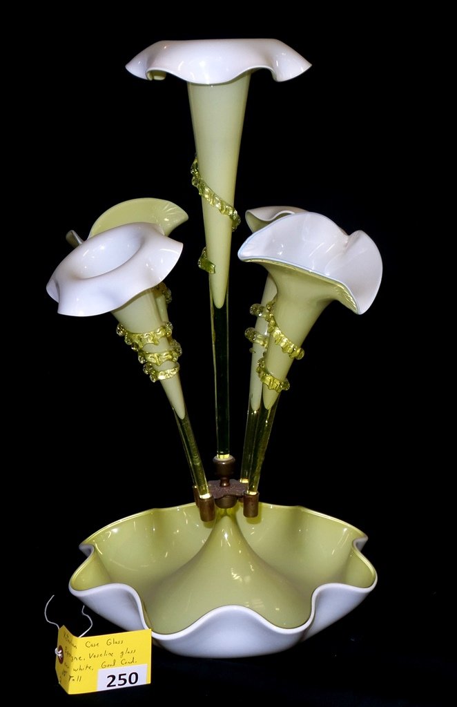 VASELINE EPERGNE: VICTORIAN CASE GLASS EPERGNE, VASELINE GLASS OVER WHITE, GOOD CONDITION, 19'' TALL