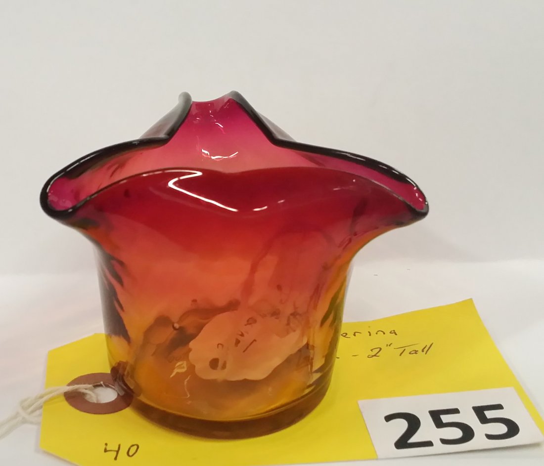 AMBERINA TOOTH PICK HOLDER: AMBERINA THREE CORNER TOOTHPICK HOLDER, 2'' TALL