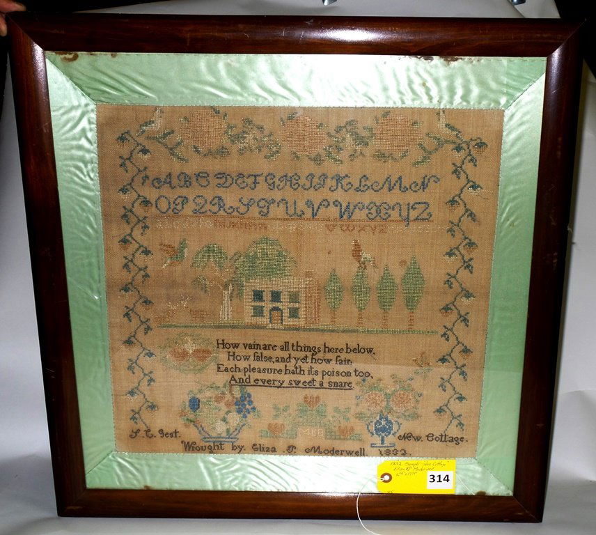 1832 SAMPLER: DATED SAMPLER BY ELIZA MODERWELL ''NEW COTTAGE'' DATED 1832, 16 1/4'' X 17 1/4'' IN FRAME