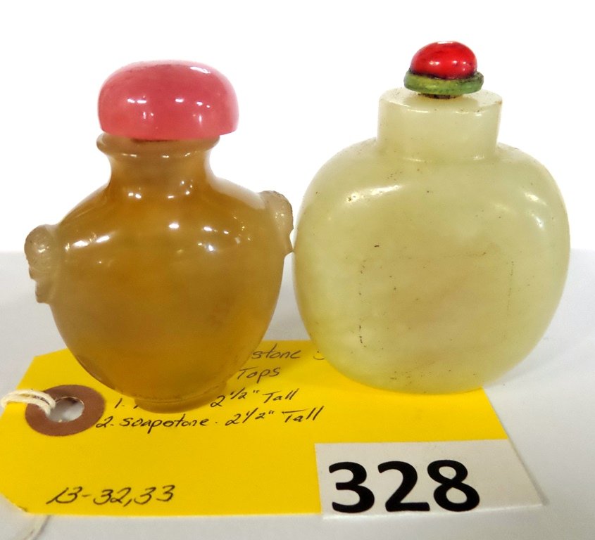 AGATE & SOAPSTONE SNUFF BOTTLES: AGATE & SOAPSTONE SNUFF BOTTLES WITH TOPS, AGATE 2 1/2'' TALL AND SOAPSTONE 2 1/2'' TALL