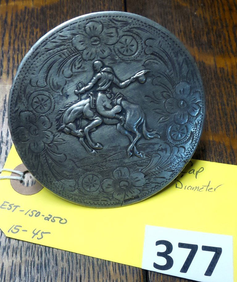 STERLING SADDLE CAP: STERLING SADDLE HORN CAP, BUCKING HORSE, MEASURES 2 7/8''