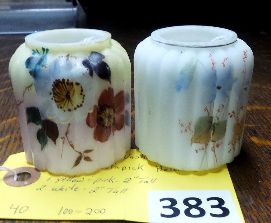MT. WASHINGTON TOOTHPICK HOLDERS: MOUNT WASHINGTON (2) DECOR TOOTHPICK HOLDER; YELLOW 2'' TALL AND WHITE 2''