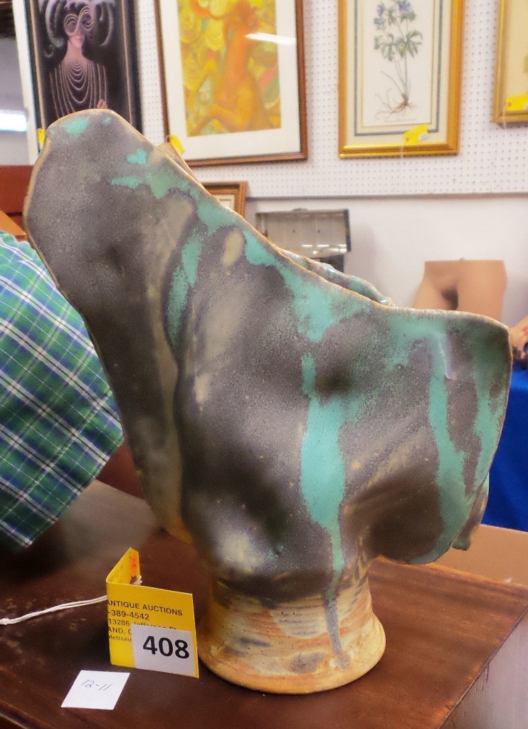 MID CENTURY ART POTTERY: MID CENTURY ART POTTERY ATRIBUTED TO PETER VOOLKOS, NOTE GLUED INSIDE, PURCHASED FROM MR. VOULKOS WHILE IN COLLEGE IN 1965