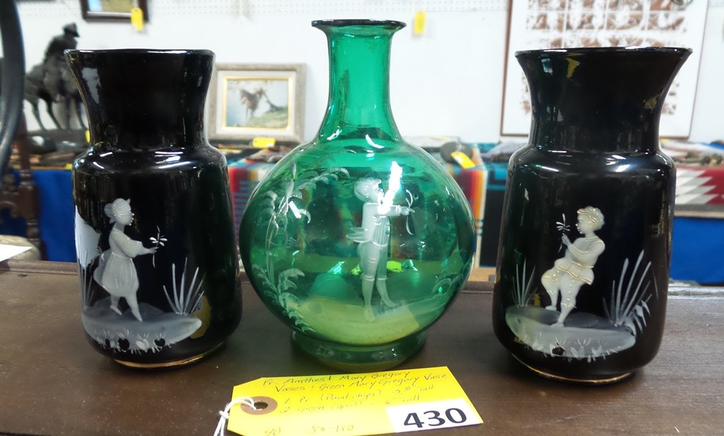 MARY GREGORY VASES: MARY GREGORY VASES; PR AMETHYST (PAINT CHIPS) 5 1/2'' AND GREEN (GOOD COND) 6'' TALL