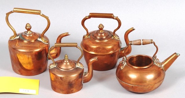 COPPER TEA POTS: Copper Tea Pots, total of 4 and one without lid