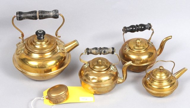 BRASS TEA POTS & PILL BOX: Brass Tea Pots and Pill Box