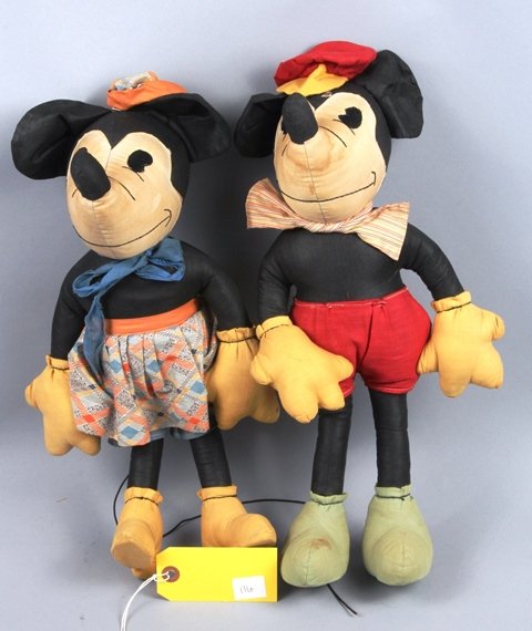 DISNEY MICKEY & MINNIE MOUSE DOLLS: Vintage Cloth Mickey & Minnie Mouse Dolls, both measuring 16" tall