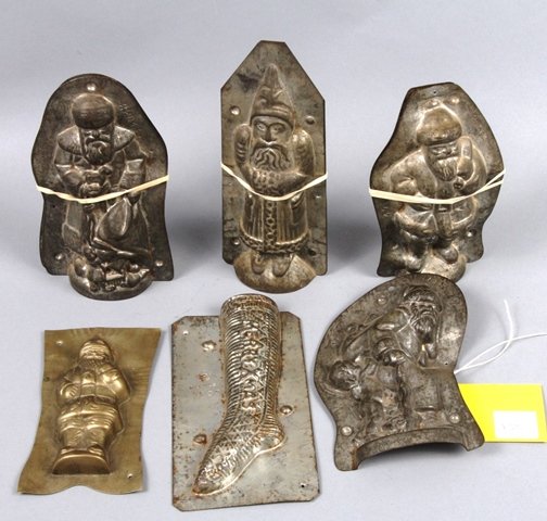 CHOCOLATE MOLDS: Early Santa Chocolate Molds (3) complete molds, 3 Half Chocolate Molds & 2 Santa's and Lower Lady's Leg