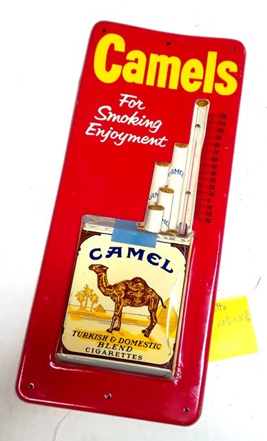 CIGARETTE THERMOMETER: CAMEL CIGARETTE THERMOMETER - 13 1/2 X 5 3/4 - GOOD CONDITION