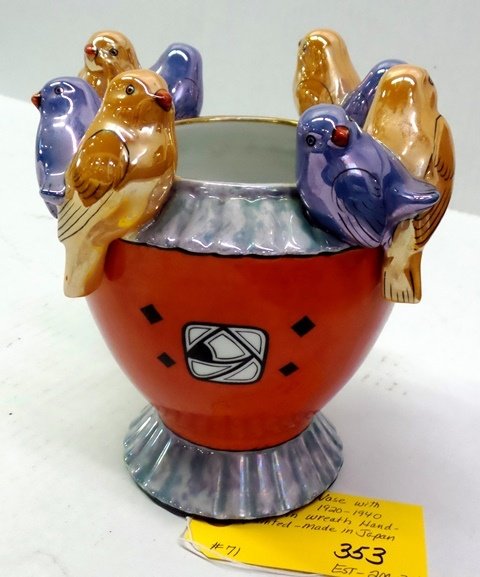 NORITAKE VASE: NORITAKE VASE WITH LOVEBIRDS - 1920 - 1940 ''M'' IN WREATH - HAND PAINTED - MADE IN JAPAN