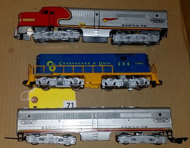 LOT OF 3 AMERICAN FLYER LOCOMOTIVES #360 & #364 SF ALCO: LOT OF 3 AMERICAN FLYER LOCOMOTIVES #360 & #364 SF ALCO A&B AND #234 C&O GP-7, ALL RUNNING AND GOOD CONDITION