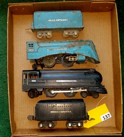 LIONEL ENGINES LOT OF 2; 238 ENGINE W/TNDR & 265E TNDR,: LIONEL ENGINES LOT OF 2; 238 ENGINE W/TNDR & 265E TNDR, NO BOXES NOT RUNNING BOTH AS IS