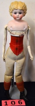 PARIAN, GERMAN DOLL: BLONDE PARIAN GERMAN, GLASS EYES, OLD BODY, 17'' TALL, ARMS REPLACED