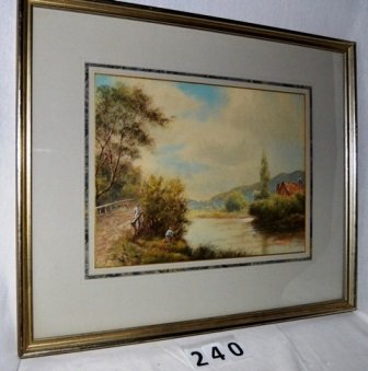 WATER COLOR: WATER COLOR ATTRIBUTED TO LAURA WASSON MAXWELL, CARMEL VALLEY, 1930, GOEN FISHING, 14'' X 10 1/4'' LISTED CALIF ARTIST