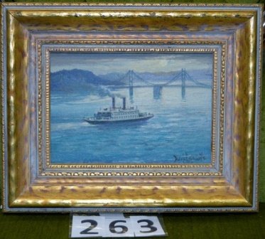 OOB, DAVIS FRANCIS SCHWARTZ: OOB, FERRY LEAVING FOR OAKLAND, SIGNED DAVIS FRANCIS SCHARTZ, LISTED CALIFORNIA ARTIST, DATED FEB 7, 1955, 7'' X 5''