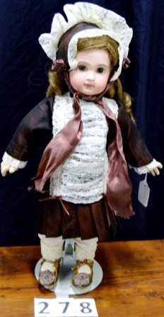 JUMEAU BISQUE HEAD DOLL: JUMEAU, MARKED EJ BISQUE HEAD DOLL, FRENCH BODY, BROWN PAPERWEIGHT EYES, 16'' TALL, HEAD RESTORED