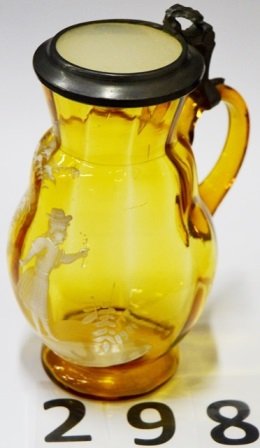 MARY GREGORY SYRUP PITCHER: MARY GREGORY AMBER SYRUP PITCHER - ROUGHNESS AROUND TOP