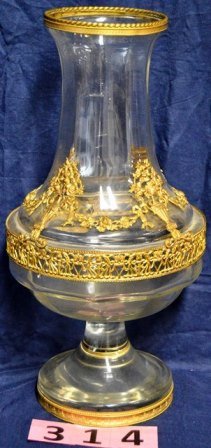 CRYSTAL VASE: CRYSTAL VASE WITH BRASS FILIGREE OVERLAY