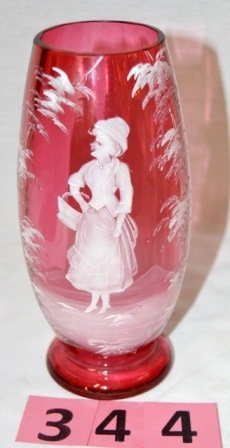 MARY GREGORY CRANBERRY VASE: MARY GREGORY CRANBERRY VASE, 8 1/2'' TALL