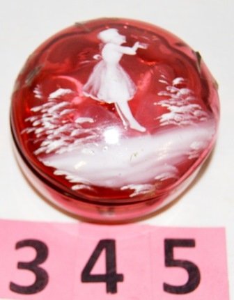 MARY GREGORY CRANBERRY DRESSER JAR: MARY GREGORY CRANBERRY COVERED ROUND DRESSER JAR - ROUGHNESS ON INSIDE OF JAR LID