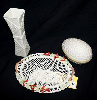 BELLEEK GLASSWARE: LOT OF 3 PCS OF BELLEEK, EGG, BASKET & VASE, ALL IN GOOD CONDTION