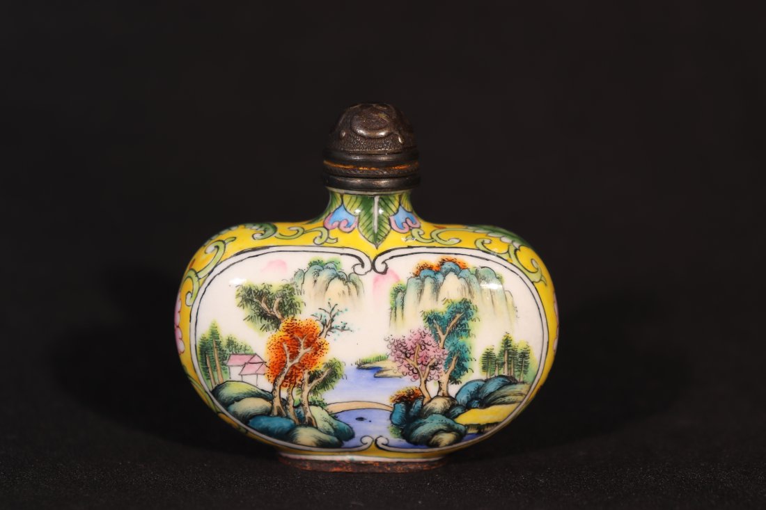 A painted and enamelled copper and landscape snuff bottle (1 of 4)
