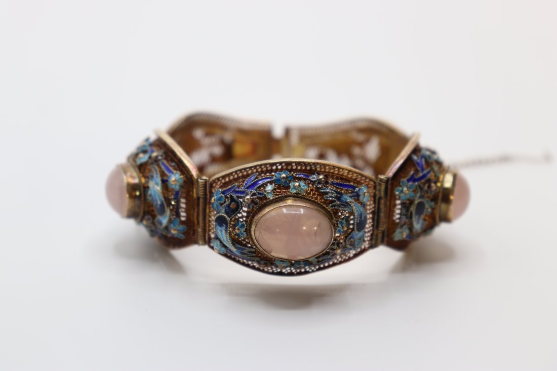 An antique silver cloisonne bracelet inlaid with rose quartz (1 of 4)